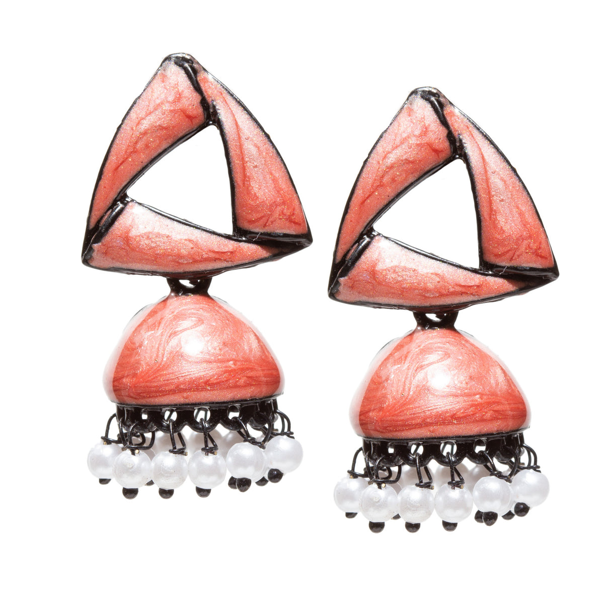 Pair of handcrafted brown enamel jhumka earrings featuring a geometric open-triangle stud design with black oxidized metal outlining. The earrings are finished with a matching brown dome-shaped jhumka accented by intricate black metal filigree work and dangling white pearl-like beads, creating a contemporary fusion of traditional Indian craftsmanship and modern geometric styling.