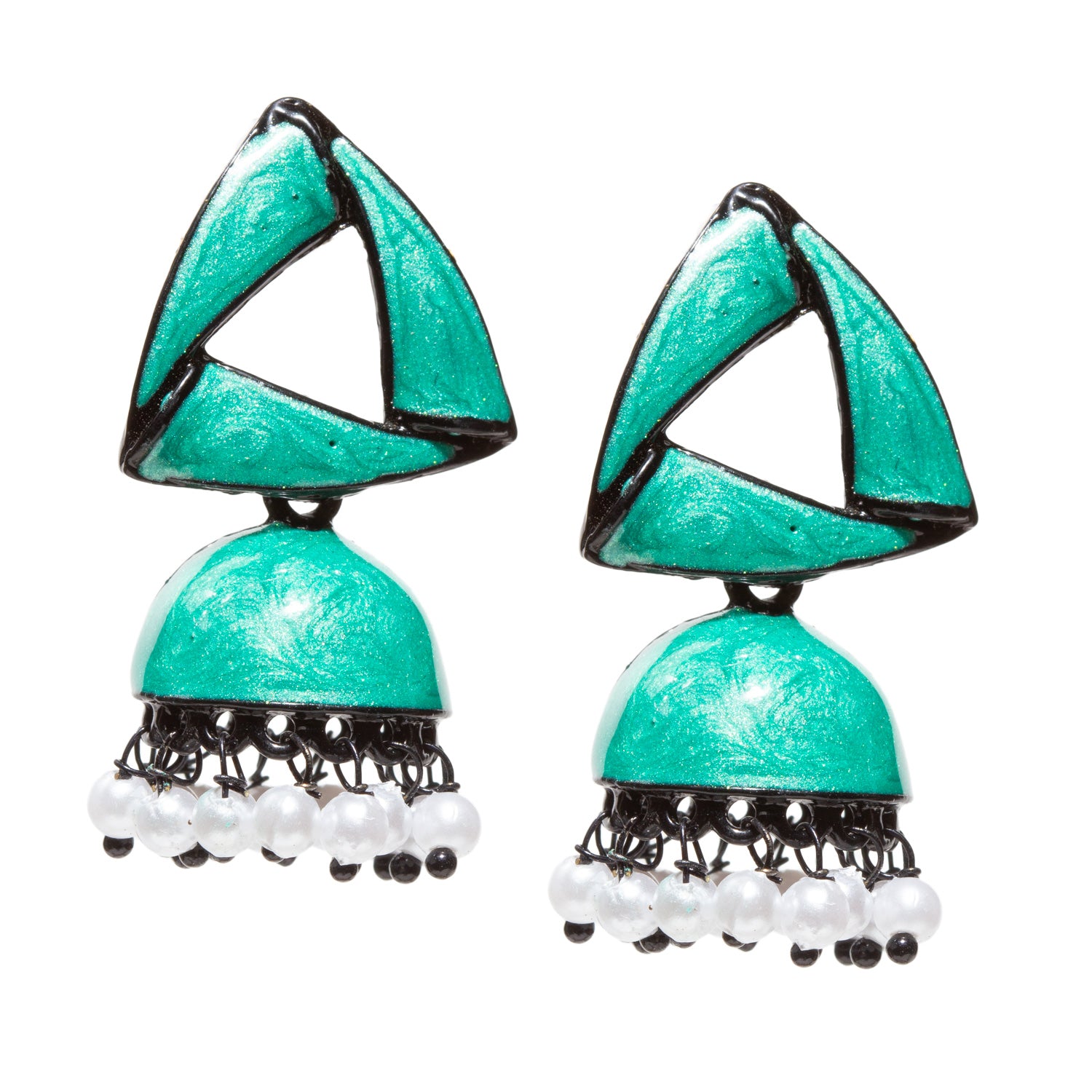 Bindhani-Black-Plated-Beads-White-Meenakari-Triangle-Green-Small-Jhumki-women-girls-Teenage