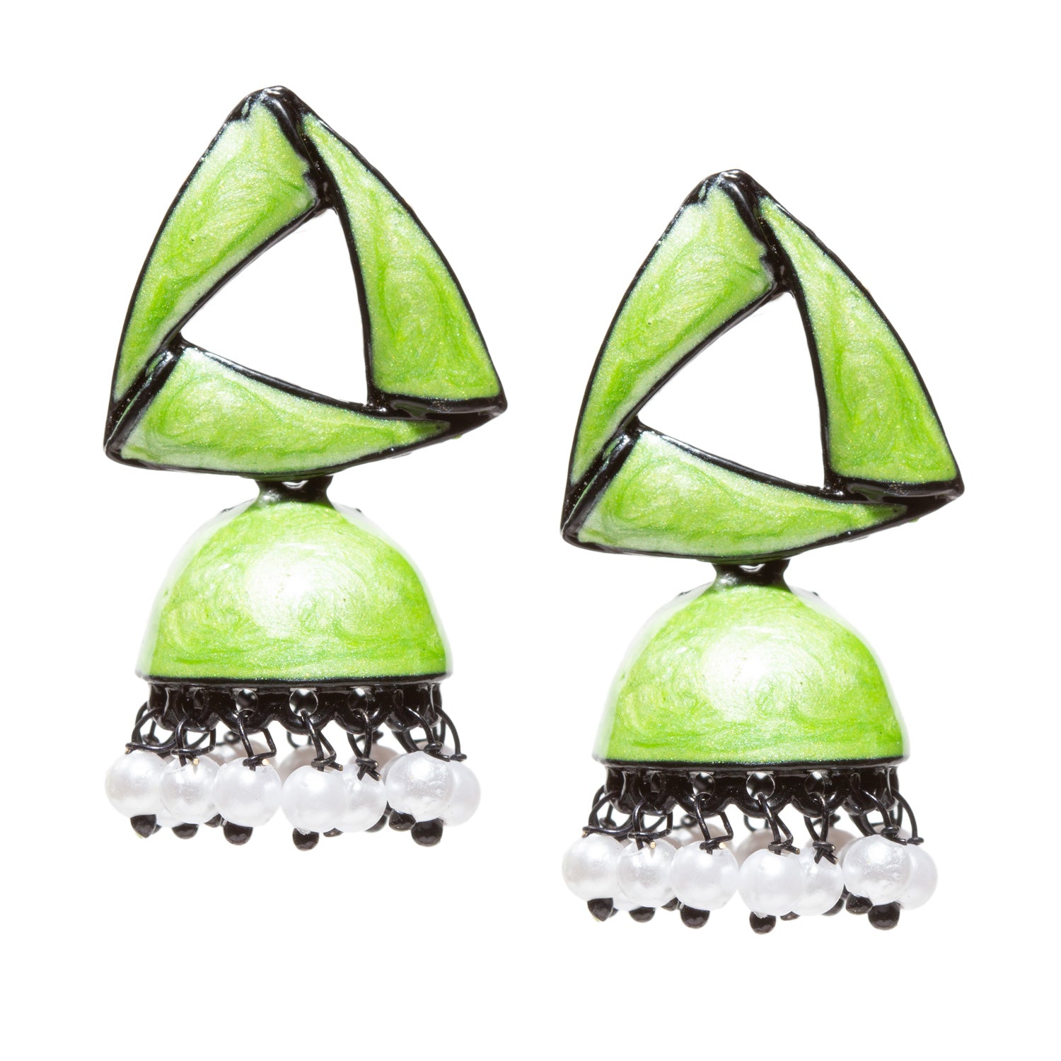 Pair of handcrafted mint green enamel jhumka earrings featuring a geometric open-triangle stud design with black oxidized metal outlining. The earrings are finished with a matching mint green dome-shaped jhumka accented by intricate black metal filigree work and dangling white pearl-like beads, creating a contemporary fusion of traditional Indian craftsmanship and modern geometric styling.