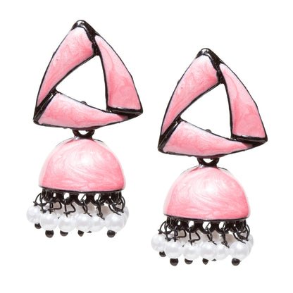 Bindhani-Black-Plated-Beads-White-Meenakari-Triangle-Pink-Small-Jhumki-women-girls-Teenage