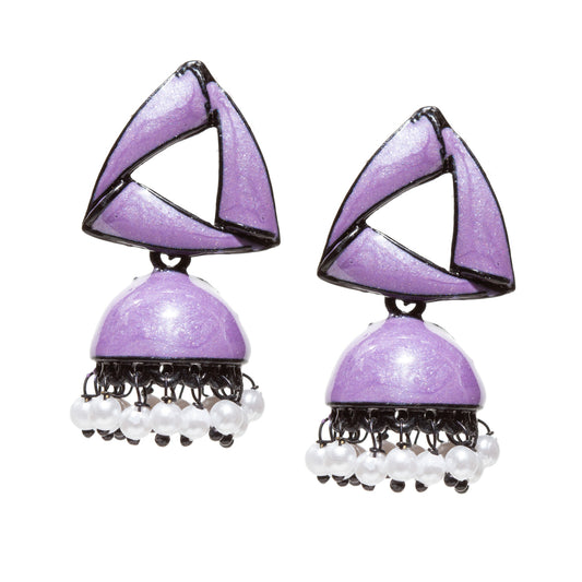 Pair of handcrafted purple enamel jhumka earrings featuring a geometric open-triangle stud design with black oxidized metal outlining. The earrings are finished with a matching purple dome-shaped jhumka accented by intricate black metal filigree work and dangling white pearl-like beads, creating a contemporary fusion of traditional Indian craftsmanship and modern geometric styling.