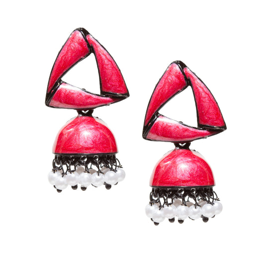 Pair of handcrafted red enamel jhumka earrings featuring a geometric open-triangle stud design with black oxidized metal outlining. The earrings are finished with a matching red dome-shaped jhumka accented by intricate black metal filigree work and dangling white pearl-like beads, creating a contemporary fusion of traditional Indian craftsmanship and modern geometric styling.