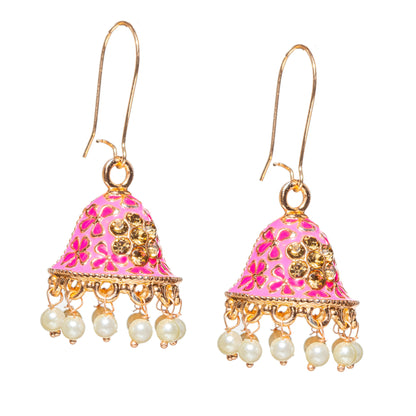 bindhani bollywood style gold plated traditional pink color meenakari indian jhumka earrings for women girls