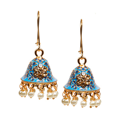 bindhani bollywood style gold plated traditional sky blue color meenakari indian jhumka earrings for women girls