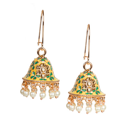 bindhani bollywood style gold plated traditional yellow green color meenakari indian jhumka earrings for women girls