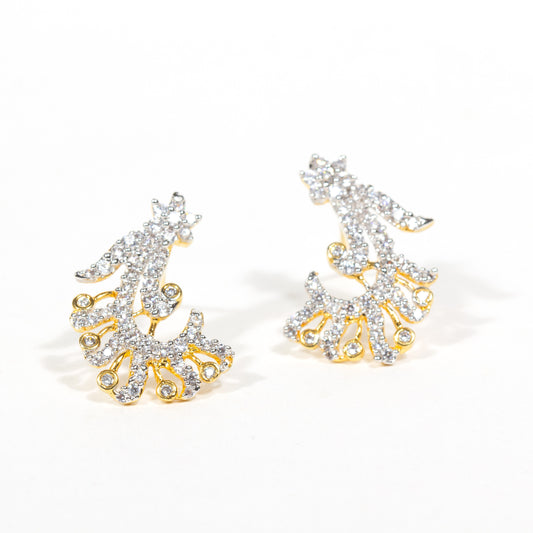 Elegant Bindhani gold-plated stud earrings featuring an intricate flower-shaped design adorned with shimmering faux white American diamond and cubic zirconia stones for a classic traditional look.