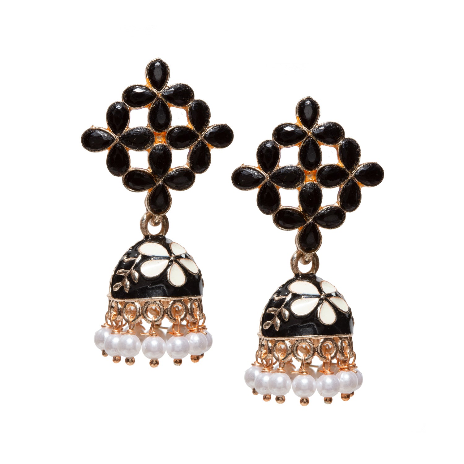 Front view Bindhani gold-plated Meenakari jhumki earrings in black, showcasing a floral lattice stud pattern with black stone embellishments, a black and white enamel jhumki dome, and delicate white pearl bead danglers. Traditional handcrafted ethnic earrings perfect for festive celebrations and wedding wear.