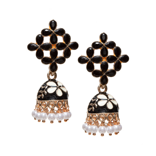 Front view Bindhani gold-plated Meenakari jhumki earrings in black, showcasing a floral lattice stud pattern with black stone embellishments, a black and white enamel jhumki dome, and delicate white pearl bead danglers. Traditional handcrafted ethnic earrings perfect for festive celebrations and wedding wear.