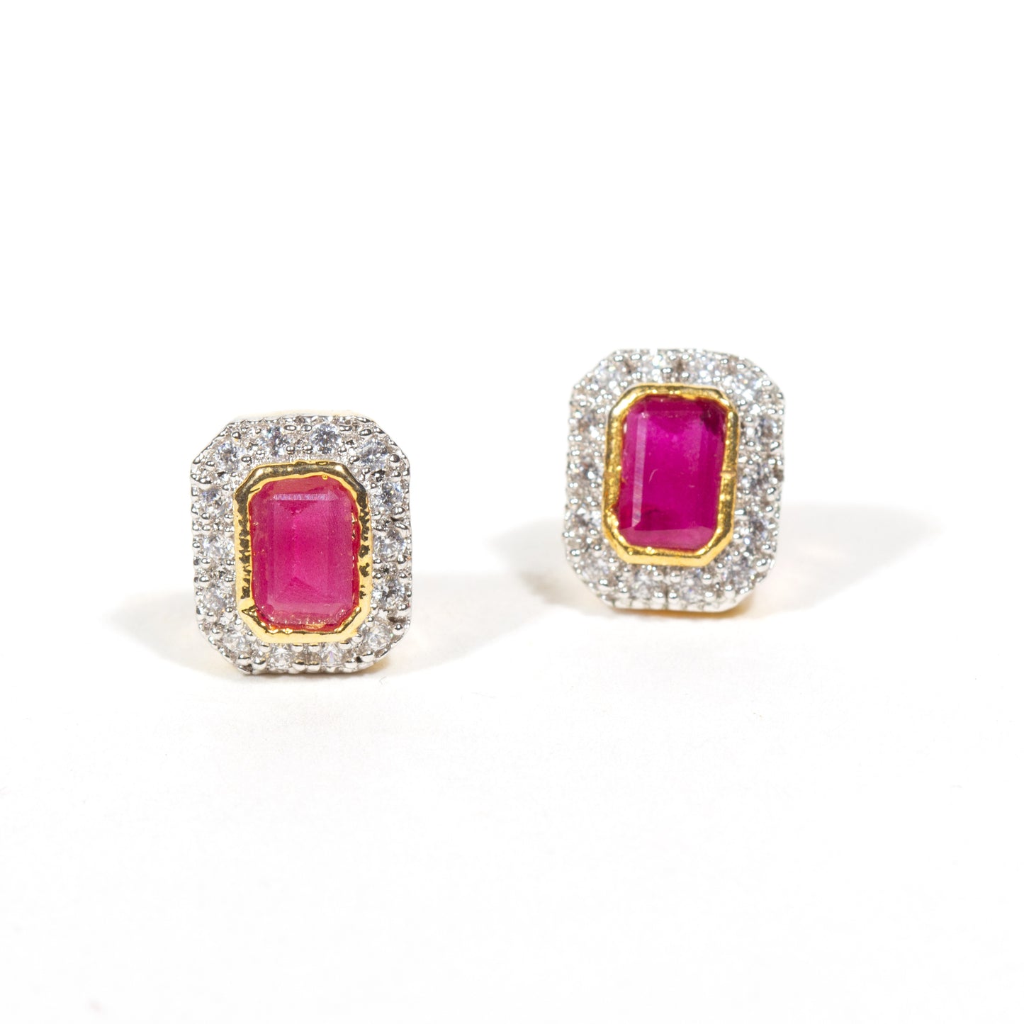 Front view of Bindhani gold-plated stud earrings featuring Square faux ruby stones surrounded by sparkling cubic zirconia (CZ) accents.