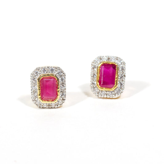 Front view of Bindhani gold-plated stud earrings featuring Square faux ruby stones surrounded by sparkling cubic zirconia (CZ) accents.