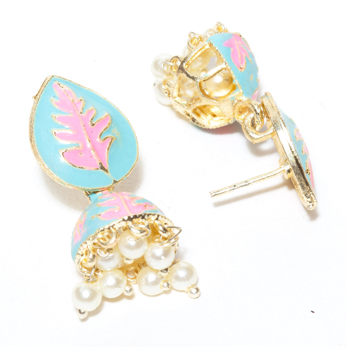 Bindhani-Gold-Plated-Firozi-Color-Meenakari-Small-Jhumki-For-Women-and-Teenage-Girls