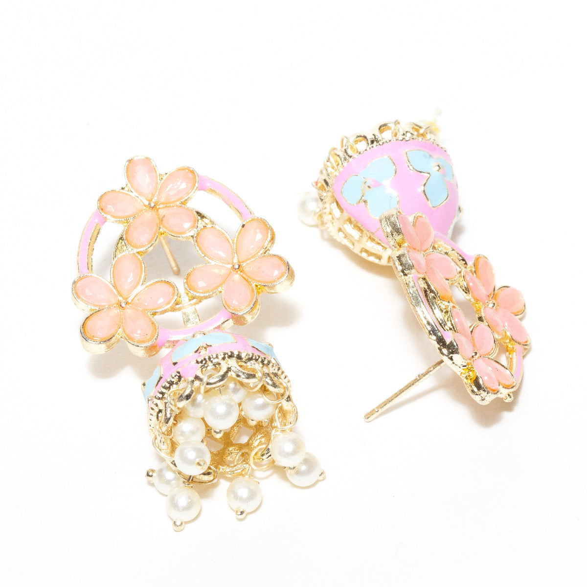 Bindhani-Gold-Plated-Flower-Shaped-Baby-Pink-Meenakari-Jhumki-Earrings-For-Women-and-Girls