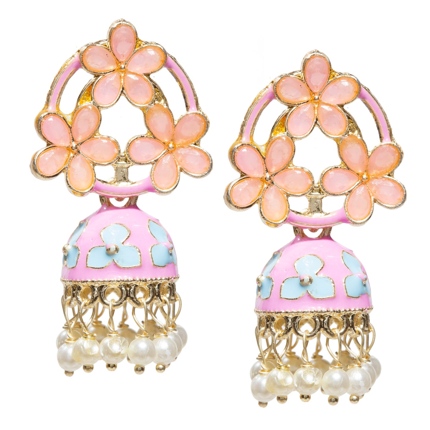 Pair of gold-tone floral jhumka earrings featuring soft pink petal-shaped stones in an open floral pattern, accented with pink enamel detailing and pastel blue flower motifs on the dome. Finished with intricate gold filigree work and dangling white pearl beads for a traditional festive look