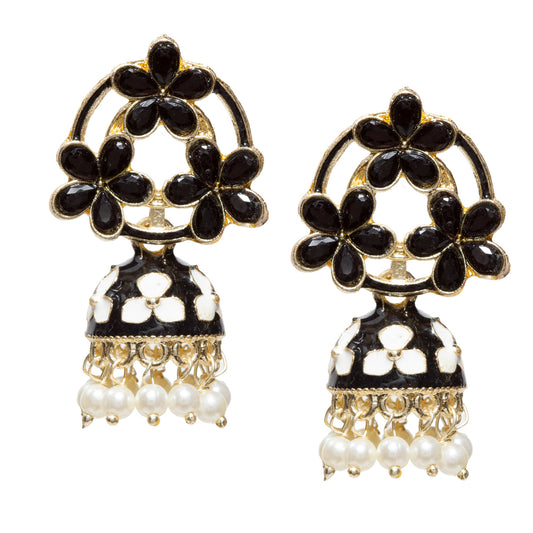 Pair of gold-tone floral jhumka earrings featuring black white petal-shaped stones in an open floral pattern, accented with black white enamel detailing and pastel white flower motifs on the dome. Finished with intricate gold filigree work and dangling white pearl beads for a traditional festive look.”