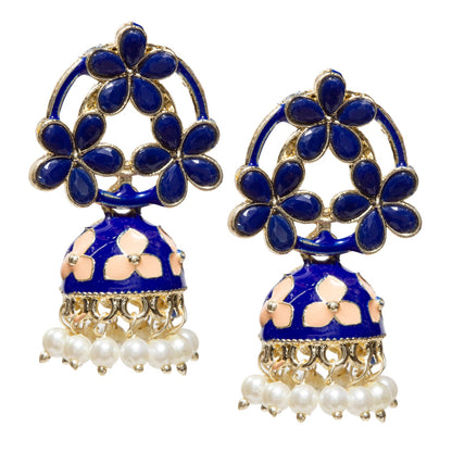 Pair of gold-tone floral jhumka earrings featuring dark blue cream color petal-shaped stones in an open floral pattern, accented with dark blue enamel detailing and pastel cream flower motifs on the dome. Finished with intricate gold filigree work and dangling white pearl beads for a traditional festive look.