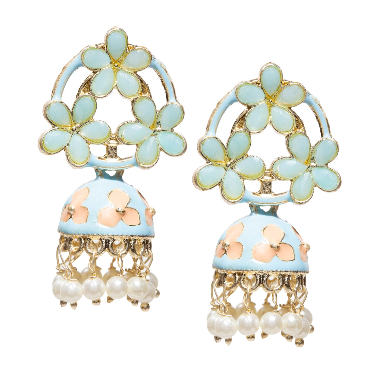 Pair of gold-tone floral jhumka earrings featuring firozi cream color petal-shaped stones in an open floral pattern, accented with firozi enamel detailing and pastel cream flower motifs on the dome. Finished with intricate gold filigree work and dangling white pearl beads for a traditional festive look.