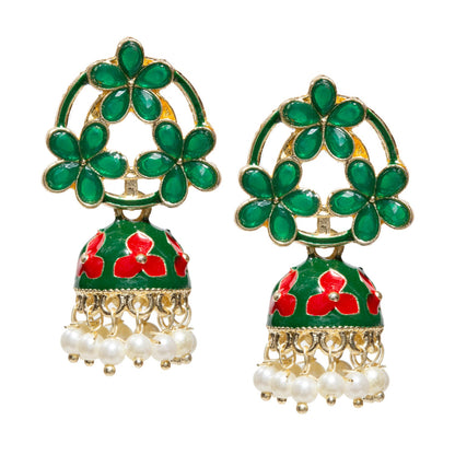 Pair of gold-tone floral jhumka earrings featuring green red petal-shaped stones in an open floral pattern, accented with green red enamel detailing and pastel red flower motifs on the dome. Finished with intricate gold filigree work and dangling white pearl beads for a traditional festive look.”