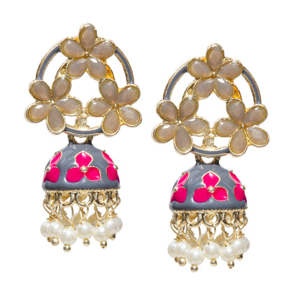 “Pair of gold-tone floral jhumka earrings featuring grey pink-shaped stones in an open floral pattern, accented with grey pink enamel detailing and pastel pink flower motifs on the dome. Finished with intricate gold filigree work and dangling white pearl beads for a traditional festive look.”