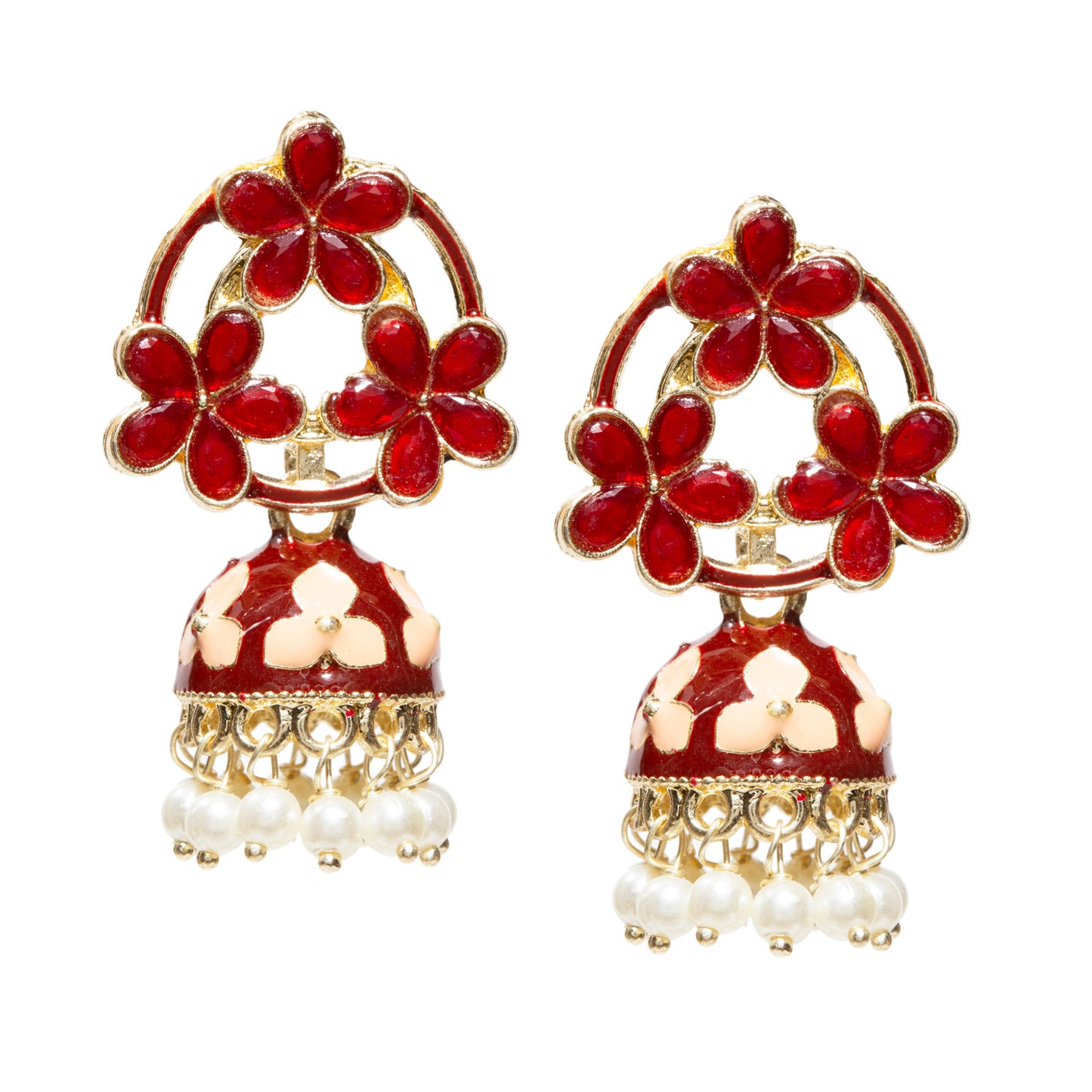 Pair of gold-tone floral jhumka earrings featuring maroon with cream petal-shaped stones in an open floral pattern, accented with maroon white enamel detailing and white flower motifs on the dome. Finished with intricate gold filigree work and dangling white pearl beads for a traditional festive look.