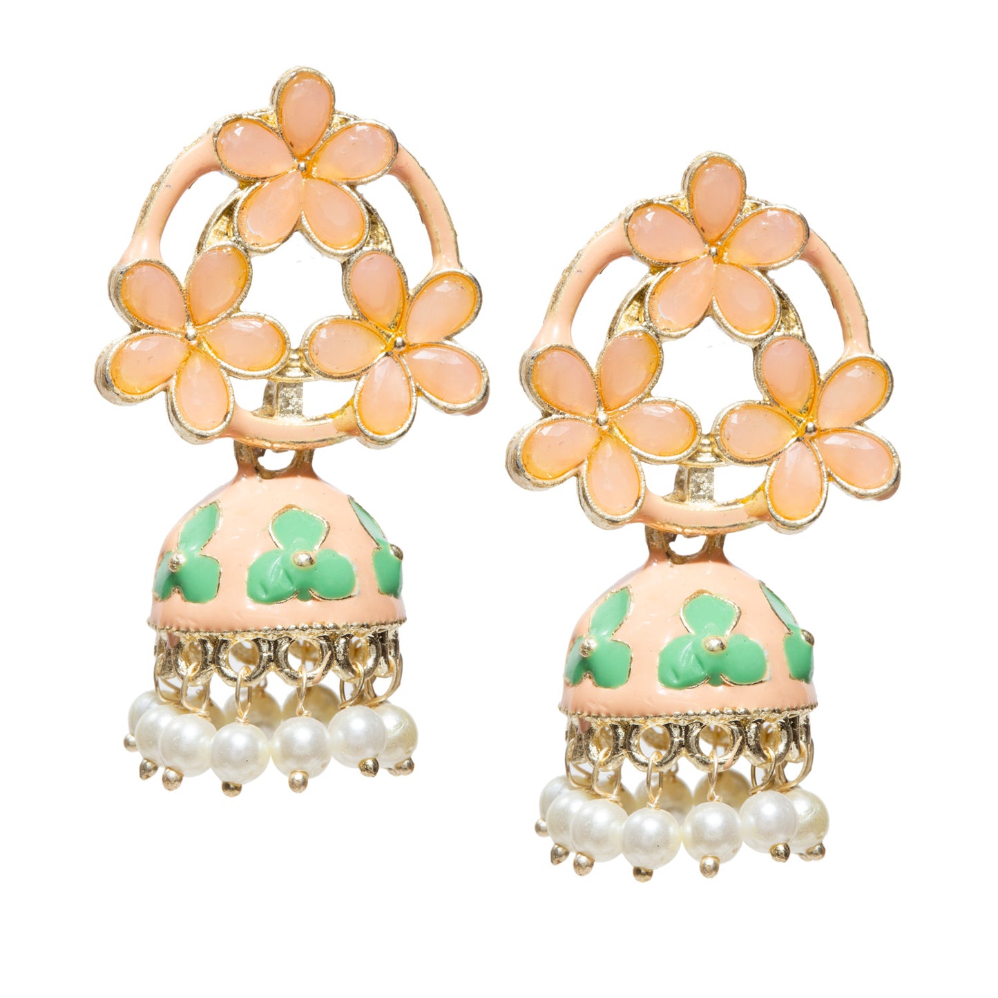 A pair of Bindhani gold-tone floral jhumka earrings featuring orange and rama green petal-shaped stones arranged in an elegant open floral pattern. The design is enhanced with yellow enamel detailing and rama green floral motifs adorning the dome. Intricate gold filigree craftsmanship adds richness and texture, while delicate white pearl bead danglers provide graceful movement. The earrings offer a timeless traditional aesthetic, making them ideal for festive celebrations, weddings, and ethnic occasions.