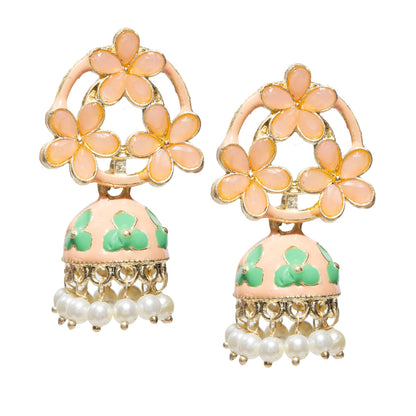 A pair of Bindhani gold-tone floral jhumka earrings featuring orange and rama green petal-shaped stones arranged in an elegant open floral pattern. The design is enhanced with yellow enamel detailing and rama green floral motifs adorning the dome. Intricate gold filigree craftsmanship adds richness and texture, while delicate white pearl bead danglers provide graceful movement. The earrings offer a timeless traditional aesthetic, making them ideal for festive celebrations, weddings, and ethnic occasions.