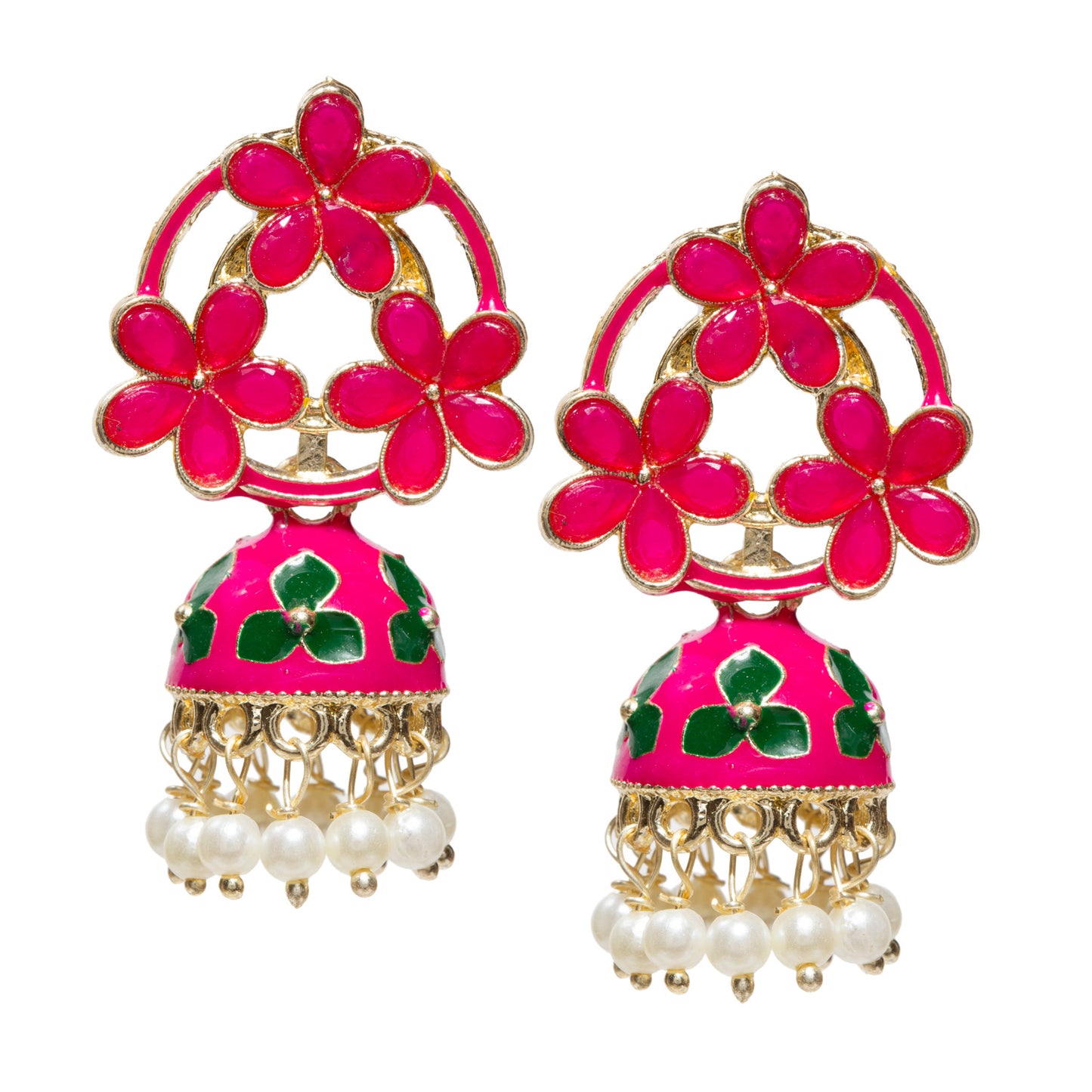 A pair of Bindhani gold-tone floral jhumka earrings featuring pink and green petal-shaped stones arranged in an elegant open floral pattern. The design is enhanced with pink enamel detailing and green floral motifs adorning the dome. Intricate gold filigree craftsmanship adds richness and texture, while delicate white pearl bead danglers provide graceful movement. The earrings offer a timeless traditional aesthetic, making them ideal for festive celebrations, weddings, and ethnic occasions.