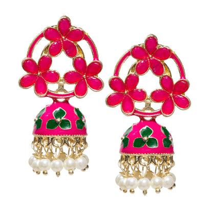 Pair of gold-tone floral jhumka earrings featuring pink green petal-shaped stones in an open floral pattern, accented with pink greenenamel detailing and pastel green flower motifs on the dome. Finished with intricate gold filigree work and dangling white pearl beads for a traditional festive look.