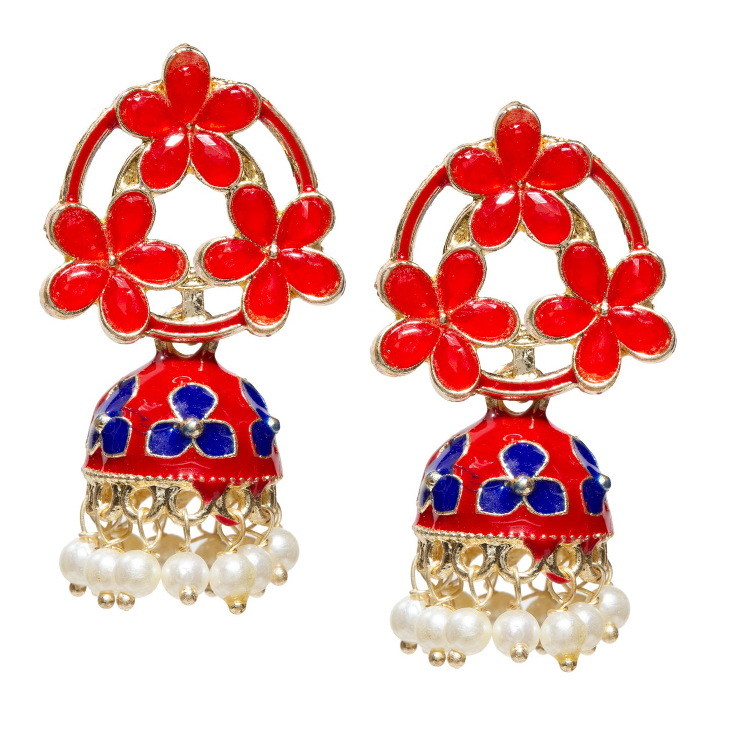 A pair of Bindhani gold-tone floral jhumka earrings featuring red and blue petal-shaped stones arranged in an elegant open floral pattern. The design is enhanced with red enamel detailing and blue floral motifs adorning the dome. Intricate gold filigree craftsmanship adds richness and texture, while delicate white pearl bead danglers provide graceful movement. The earrings offer a timeless traditional aesthetic, making them ideal for festive celebrations, weddings, and ethnic occasions.