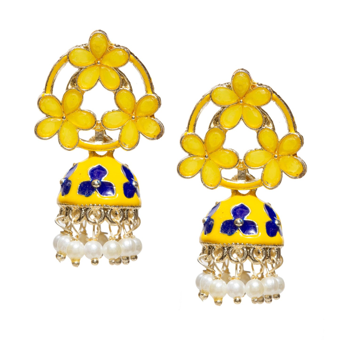 Pair of gold-tone floral jhumka earrings featuring Yellow blue petal-shaped stones in an open floral pattern, accented with yellow enamel detailing and pastel yellow flower motifs on the dome. Finished with intricate gold filigree work and dangling white pearl beads for a traditional festive look