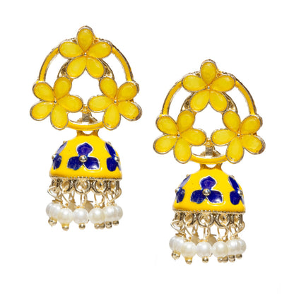 Pair of gold-tone floral jhumka earrings featuring Yellow blue petal-shaped stones in an open floral pattern, accented with yellow enamel detailing and pastel yellow flower motifs on the dome. Finished with intricate gold filigree work and dangling white pearl beads for a traditional festive look