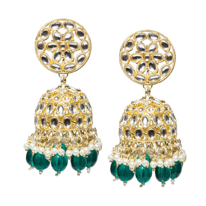 Bindhani-Gold-Plated-Green-Color-Drop-Kundan-Jhumka-Earrings-For-Women-and-Girls