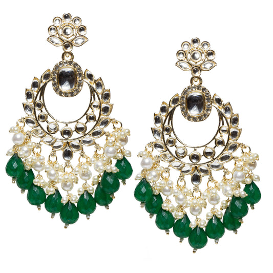 Bindhani gold-plated long chandelier earrings featuring sparkling clear Kundan stones, an oval white center stone, intricate leaf-pattern detailing, pearl cluster accents, and cascading green faceted teardrop bead danglers. These traditional ethnic statement earrings combine elegant craftsmanship with vibrant green drops, making them ideal for festive, wedding, and party wear.