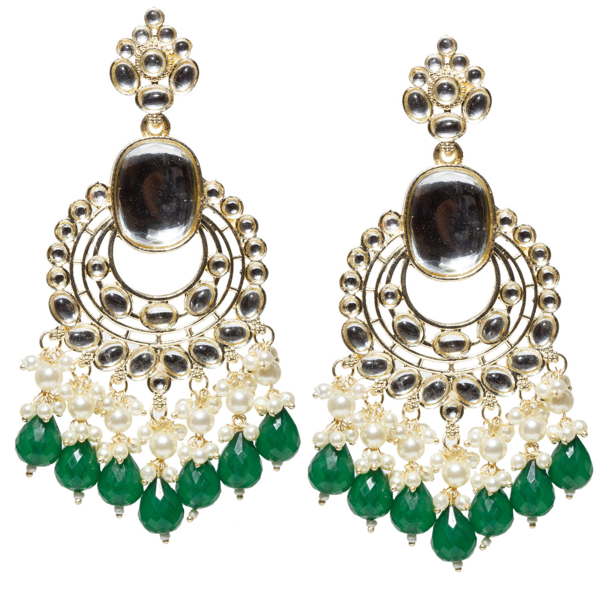 Bindhani gold-plated long chandelier earrings featuring clear Kundan stones, an oval white center stone, pearl clusters, and green faceted teardrop bead danglers in a traditional ethnic design.