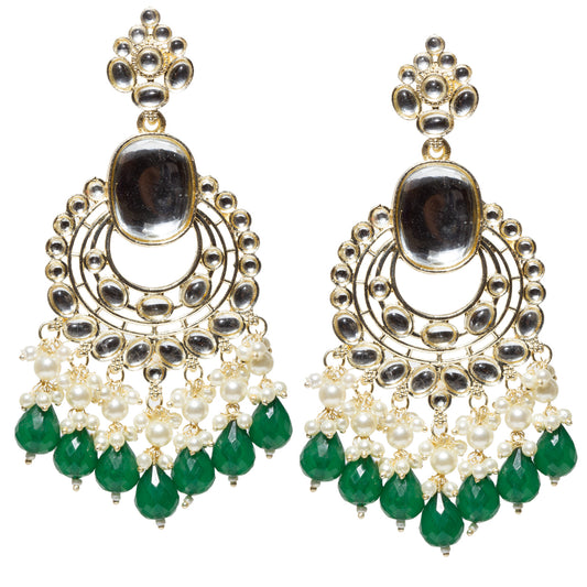 Bindhani gold-plated long chandelier earrings featuring clear Kundan stones, an oval white center stone, pearl clusters, and green faceted teardrop bead danglers in a traditional ethnic design.