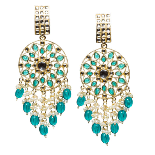 Bindhani gold plated green drops kundan stone earrings featuring a rectangular kundan stone stud, intricate gold-tone circular floral filigree design with green teardrop stones, central kundan stone, crystal accents, and dangling white pearl clusters with vibrant sea green bead drops. Elegant ethnic statement earrings displayed as a pair on a white background.