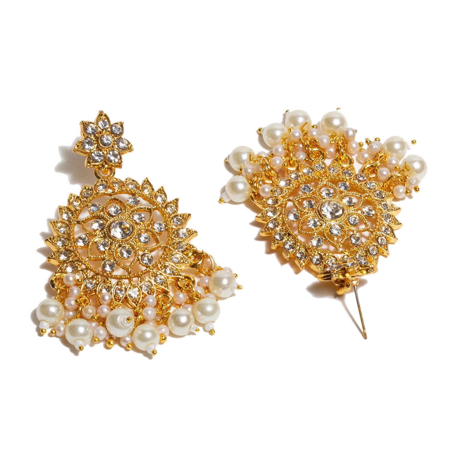 Front and back view Earrings  Bindhani gold-plated traditional Indian earrings with intricate design, adorned with sparkling white stones and dangling earrings white pearls drops