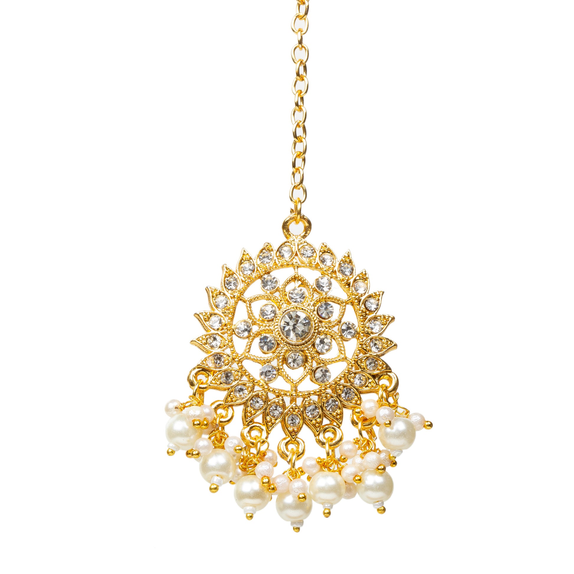 White background Front view Bindhani gold-plated traditional Indian hair accessory with detailed filigree design, sparkling white stones, dangling pearl drops, and a secure gold chain hook.