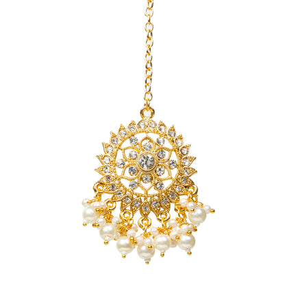White background Front view Bindhani gold-plated traditional Indian hair accessory with detailed filigree design, sparkling white stones, dangling pearl drops, and a secure gold chain hook.