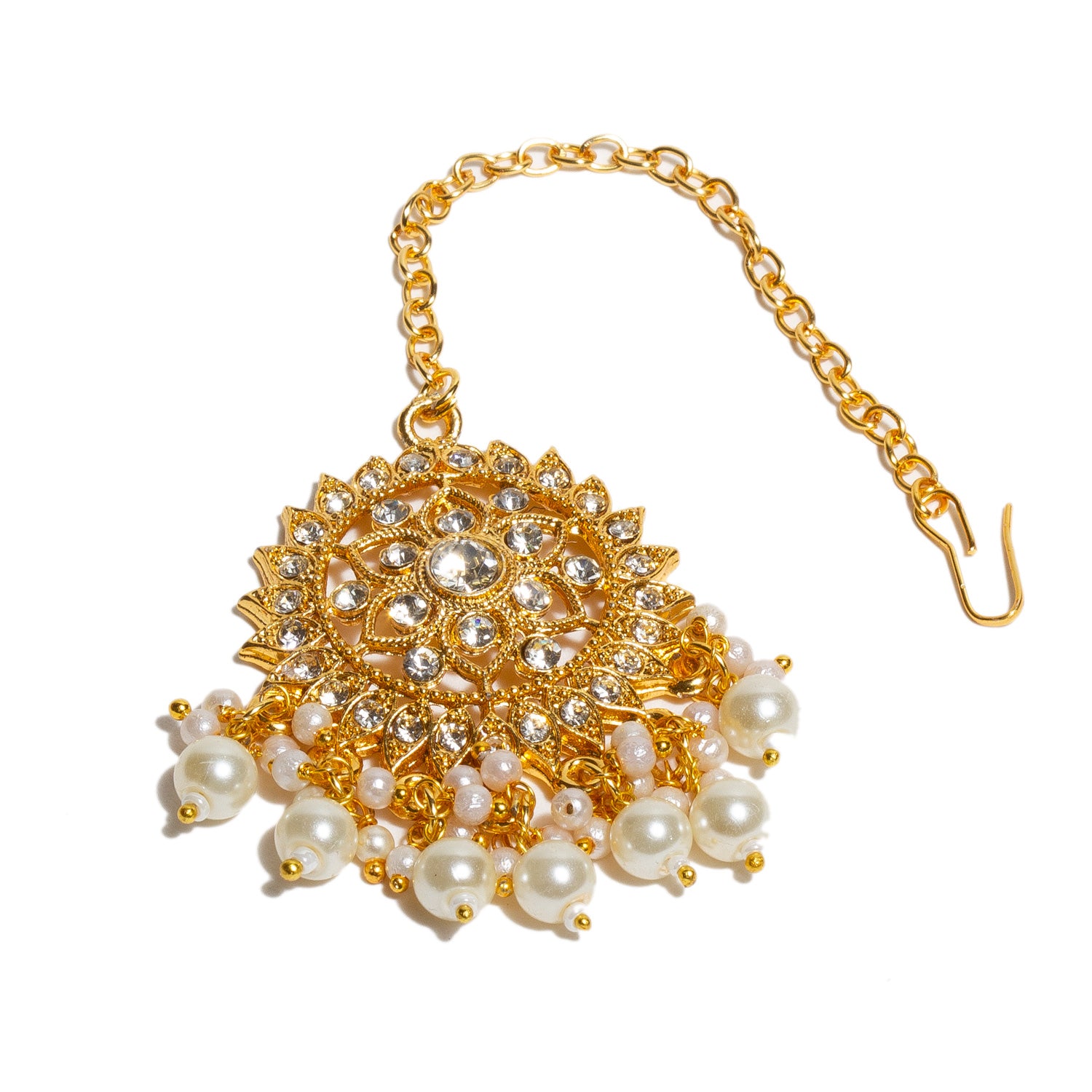 Front View Bindhani gold-plated round shaped traditional Indian hair accessory with intricate design, adorned with sparkling white stones and dangling white pearls, attached to a gold chain with hook.