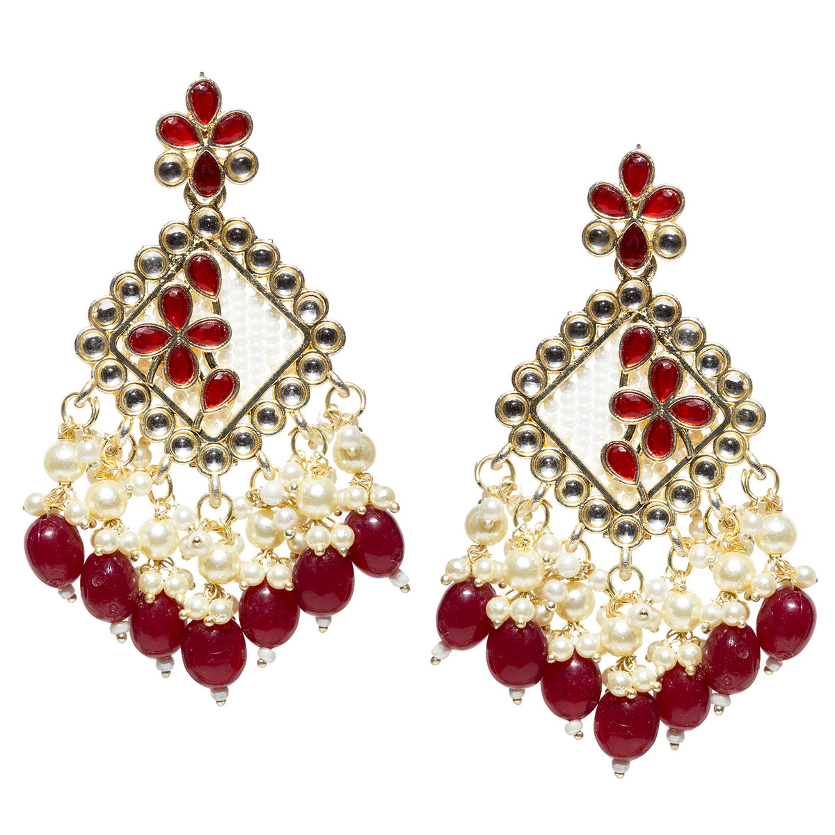 Pair of Bindhani gold-plated traditional chandelier earrings featuring a diamond-shaped frame bordered with round kundan stones, a white textured center, and maroon floral enamel accents. The earrings are embellished with pearl clusters and dangling maroon teardrop beads, creating a vibrant festive look. Displayed against a white background.