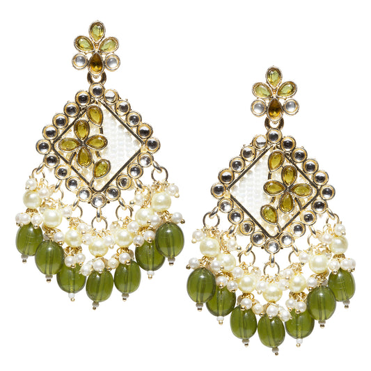Pair of Bindhani gold-plated traditional chandelier earrings featuring a diamond-shaped frame bordered with round kundan stones, a white textured center, and mehandi green floral enamel accents. The earrings are embellished with pearl clusters and dangling mehandi green teardrop beads, creating a vibrant festive look. Displayed against a white background.