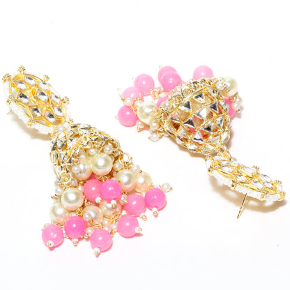 Bindhani-Gold-Plated-Kundan-Stone-Pearl-Drops-Beads-Baby-Pink-Color-Jhumka-Jhumaki-Earrings-For-Women