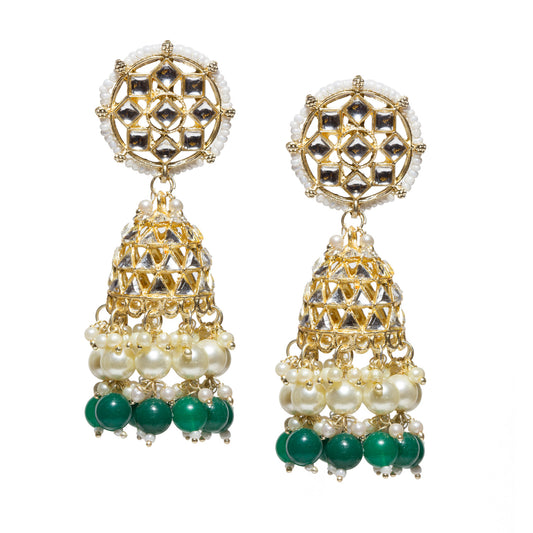 Bindhani gold-plated Kundan jhumka earrings featuring teardrop-shaped Kundan stones, white pearl clusters, green bead danglers, and intricate floral detailing.