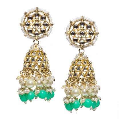 Bindhani-Gold-Plated-Kundan-Stone-Pearl-Drops-Beads-Mint-Green-Color-Jhumka-Jhumaki-Earrings-For-Women-and-Girls