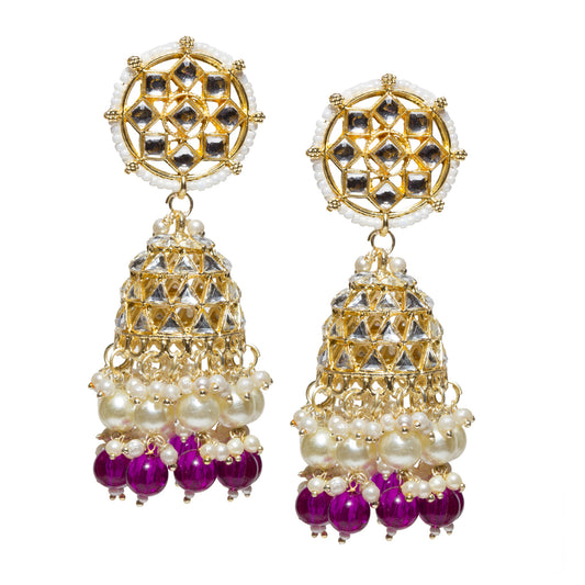 Pair of gold-plated jhumka earrings featuring square-cut kundan stones, white faux pearl detailing, dome-shaped drops, and dangling white faux pearls with purple bead accents.