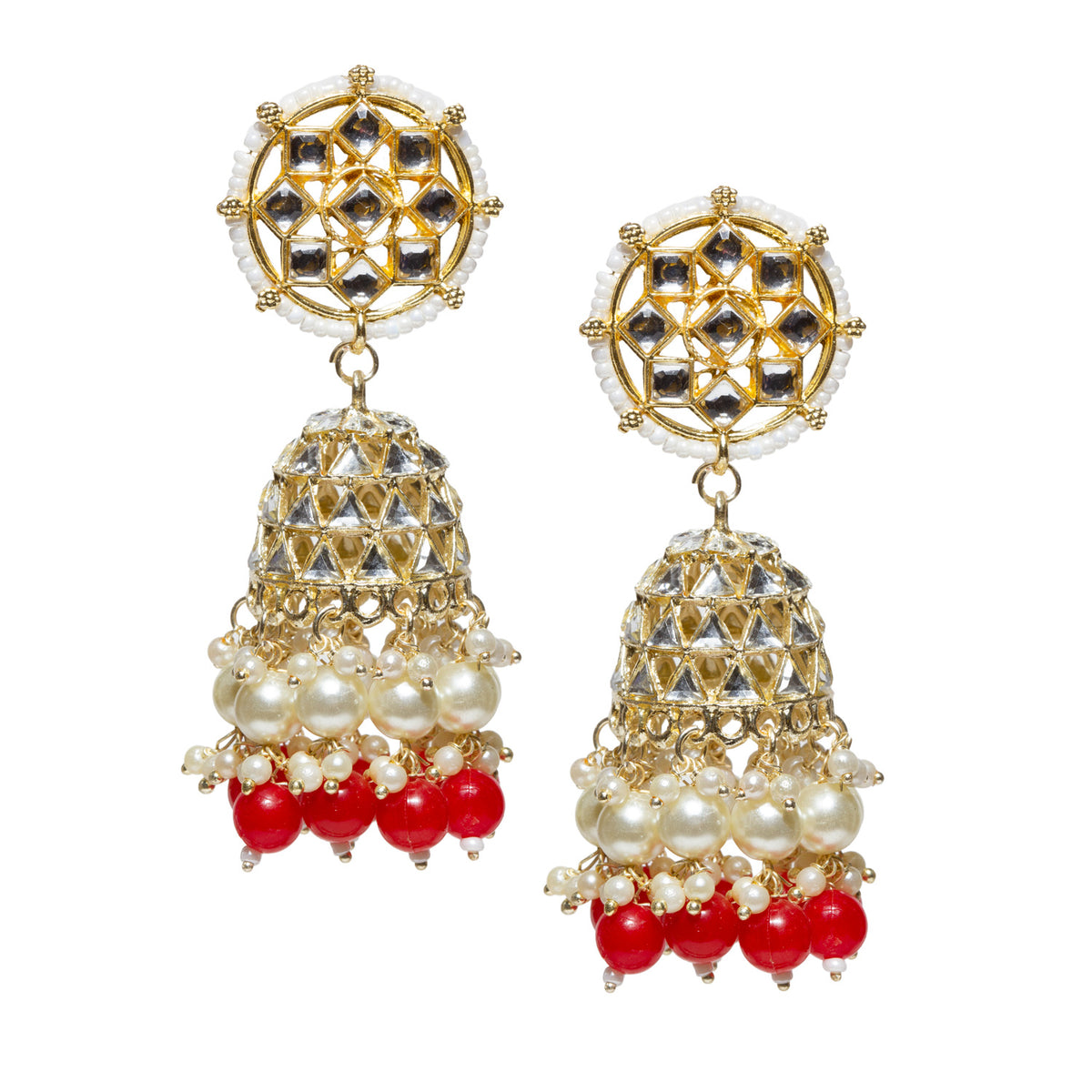 Pair of gold-plated jhumka earrings featuring square-cut kundan stones, white faux pearl detailing, dome-shaped drops, and dangling white faux pearls with red bead accents.