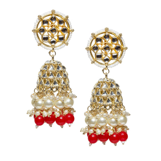 Pair of gold-plated jhumka earrings featuring square-cut kundan stones, white faux pearl detailing, dome-shaped drops, and dangling white faux pearls with red bead accents.