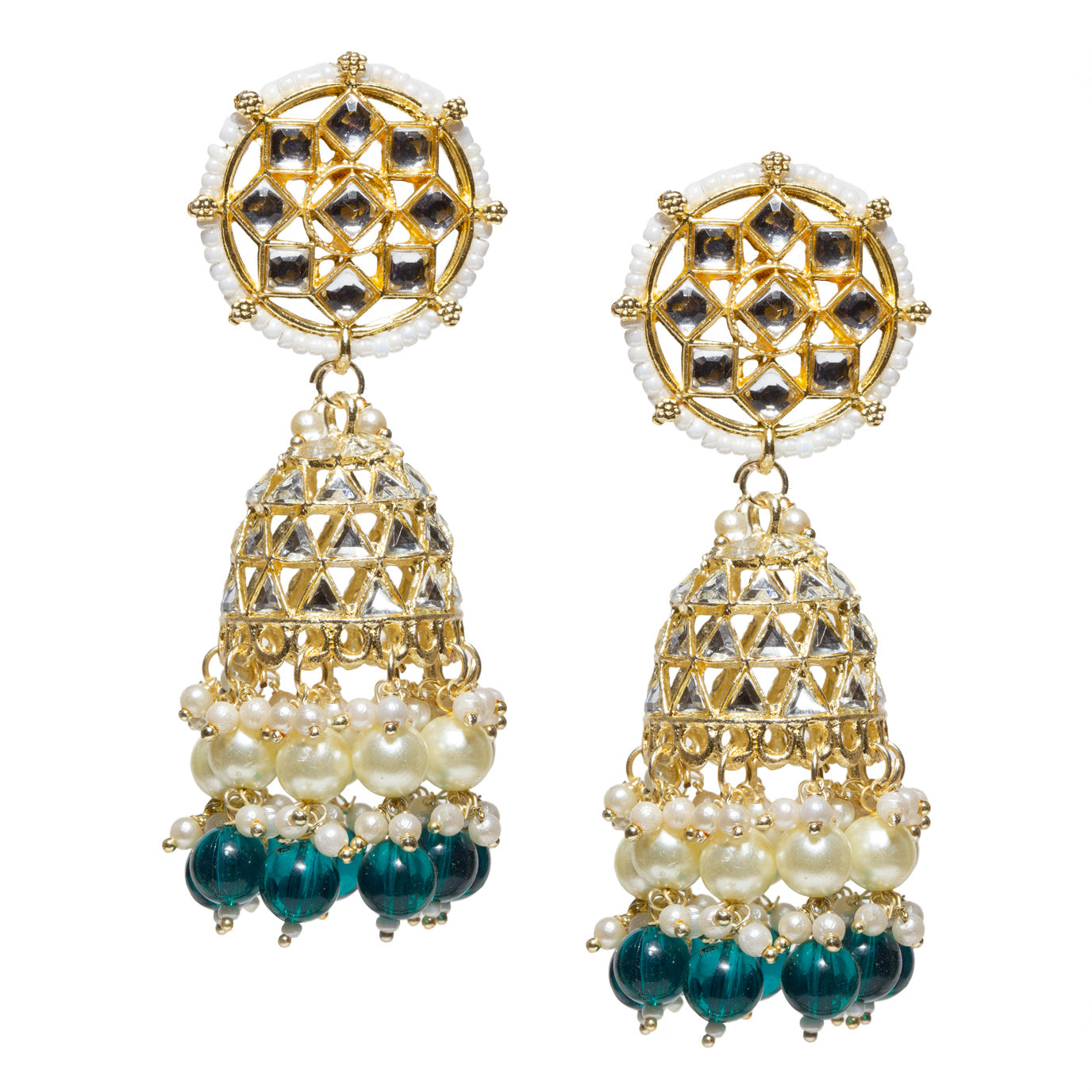 Bindhani-Gold-Plated-Kundan-Stone-Pearl-Drops-Beads-Sea-Green-Color-Jhumka-Jhumaki-Earrings-For-Women-and-Girls