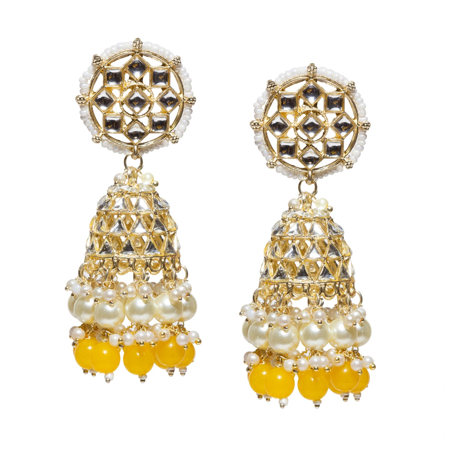 Bindhani-Gold-Plated-Kundan-Stone-Pearl-Drops-Beads-Yellow-Color-Jhumka-Jhumaki-Earrings-For-Women-and-Girls