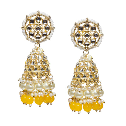 Bindhani-Gold-Plated-Kundan-Stone-Pearl-Drops-Beads-Yellow-Color-Jhumka-Jhumaki-Earrings-For-Women-and-Girls